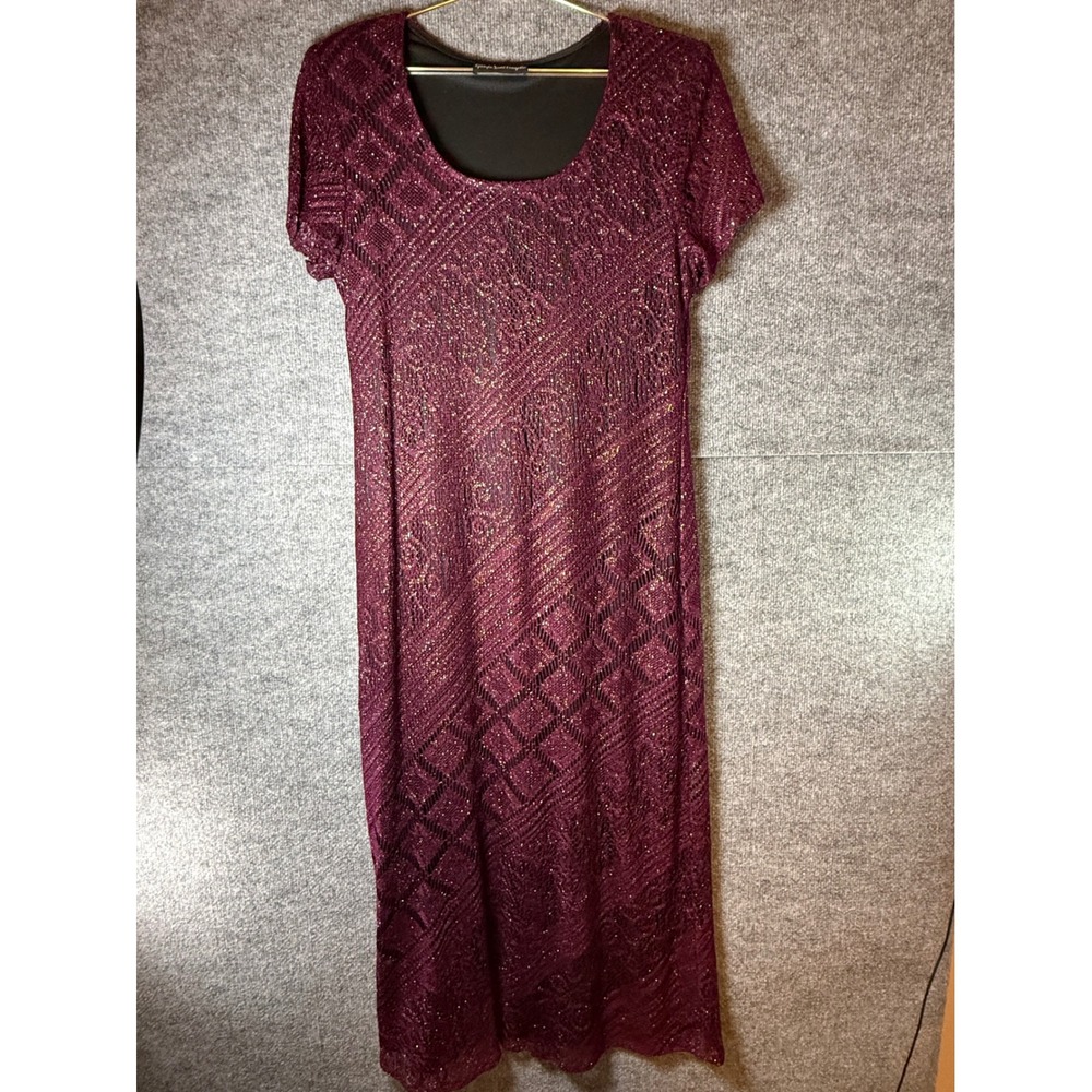 Giorgio Sant Angelo Burgundy Metallic Knit Lace Maxi Dress Short Sleeve Gown